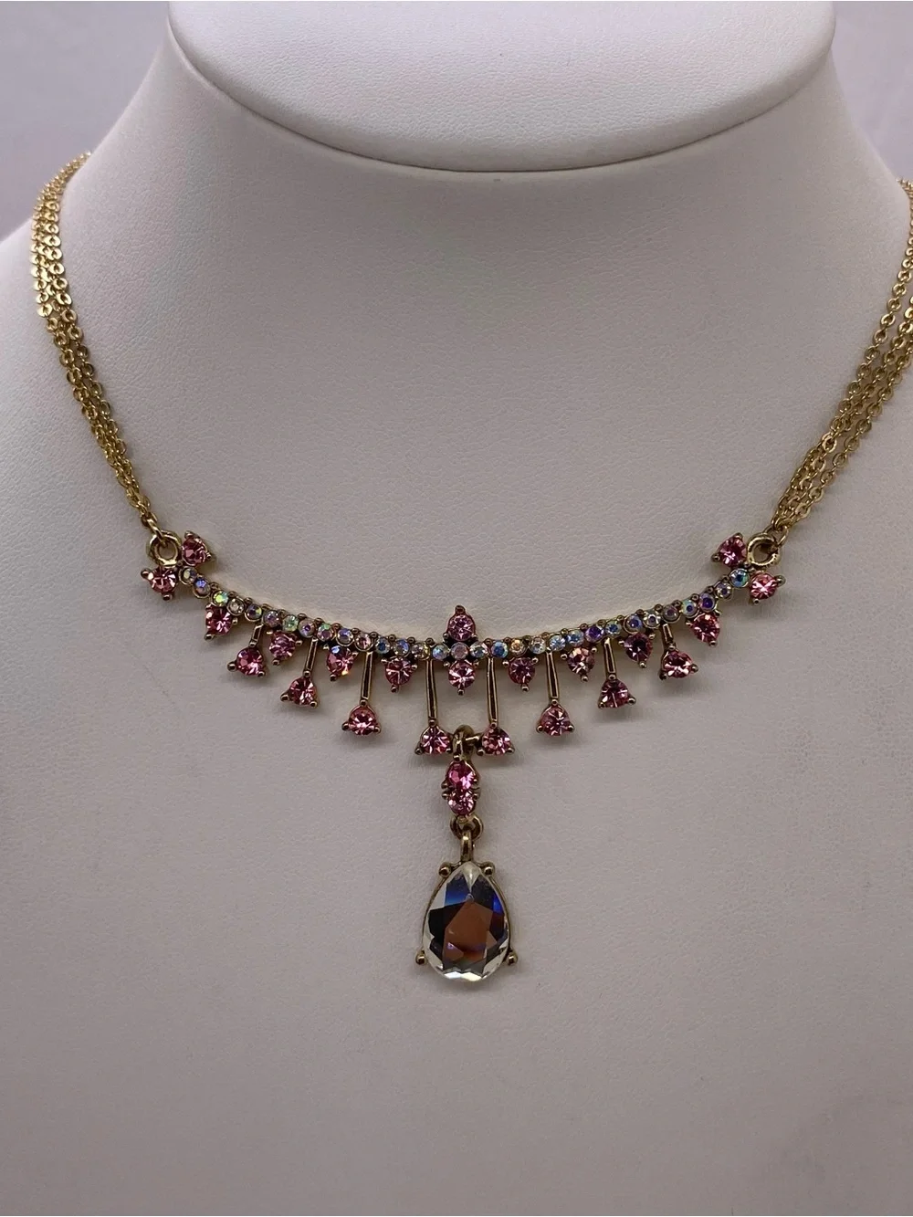 Betsy Johnson Gold-Tone Necklace with Pink Crystals and Teardrop Pendant